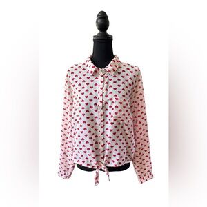 FB Sister: White and Red Heart Print Button Down Shirt with Front Tie